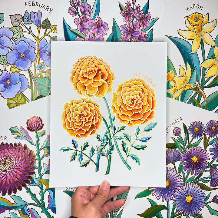 Birth Flower Hand-Embellished Print | October Marigold