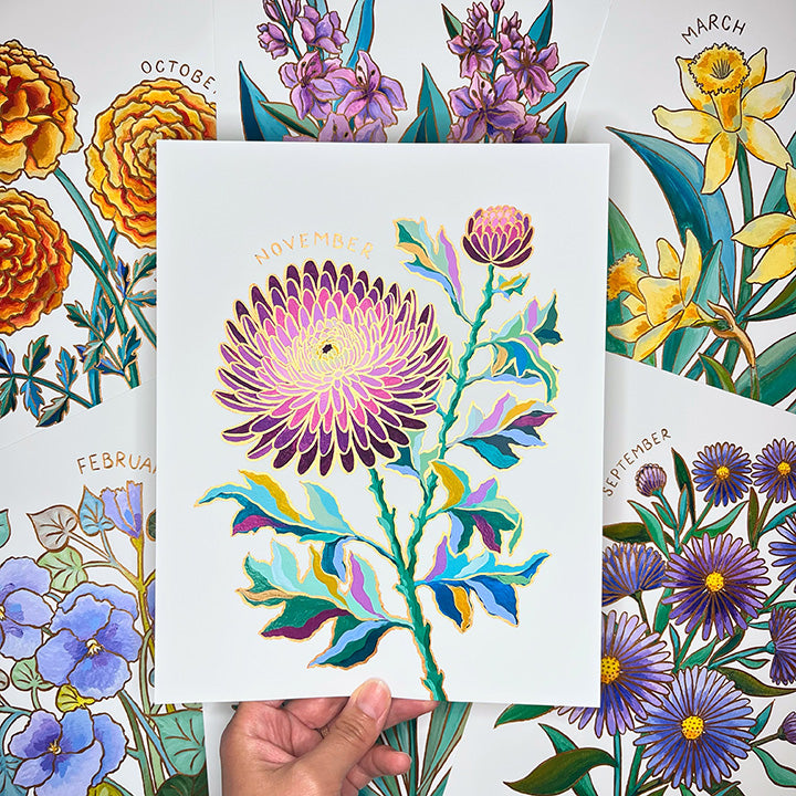 Birth Flower Hand-Embellished Print | November Chrysanthemum