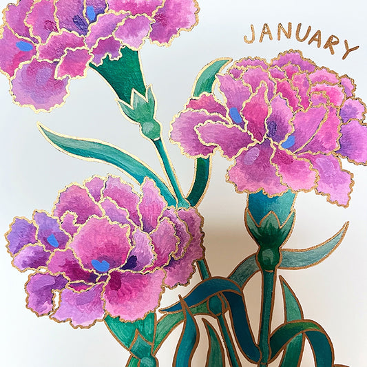Birth Flower Hand-Embellished Print | January Carnations