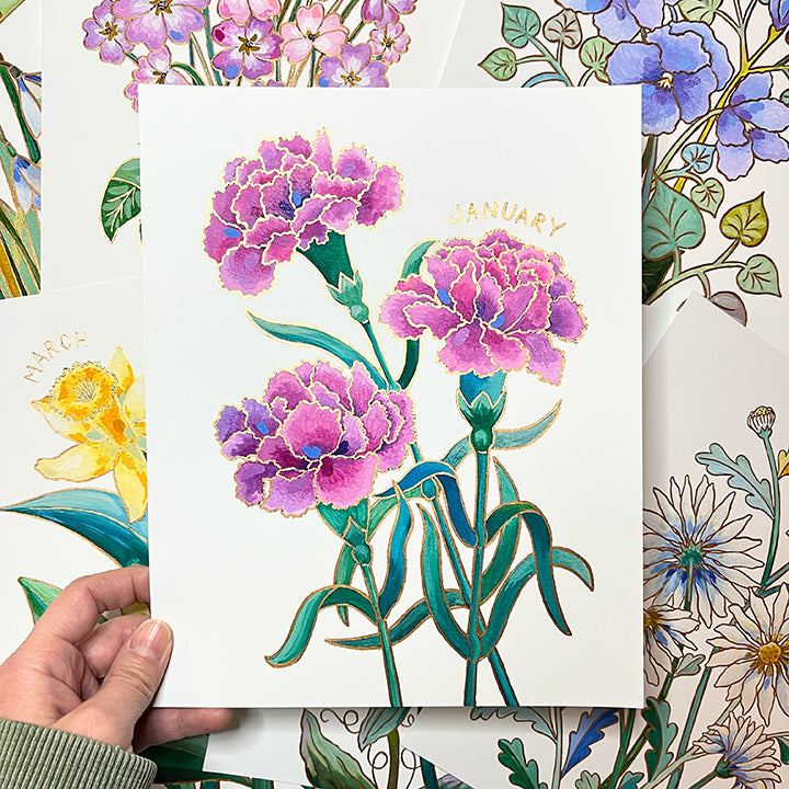 1 - Birth Flower Hand-Embellished Print | January Carnations