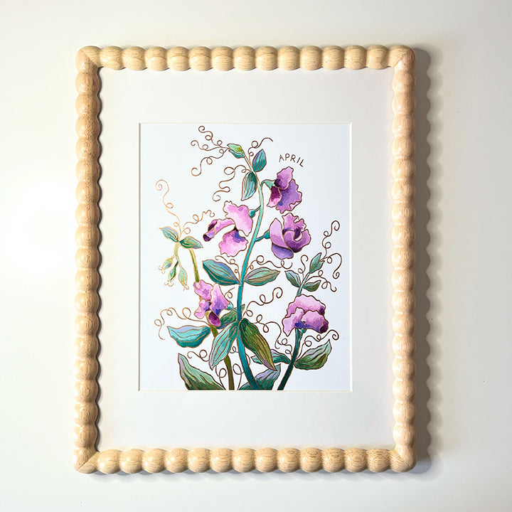 Birth Flower Hand-Embellished Print | April Sweet Peas