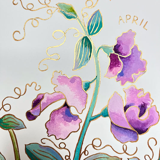 Birth Flower Hand-Embellished Print | April Sweet Peas