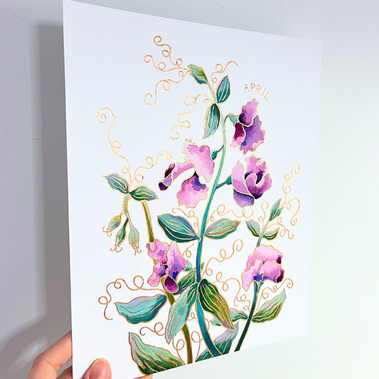 Birth Flower Hand-Embellished Print | April Sweet Peas