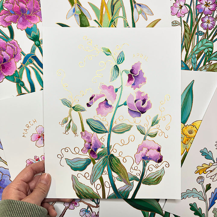 8 - Birth Flower Hand-Embellished Print | April Sweet Peas