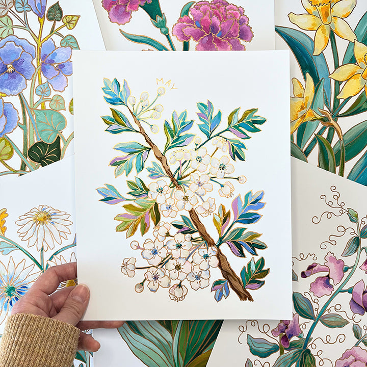 Birth Flower Hand-Embellished Print | May Hawthorns
