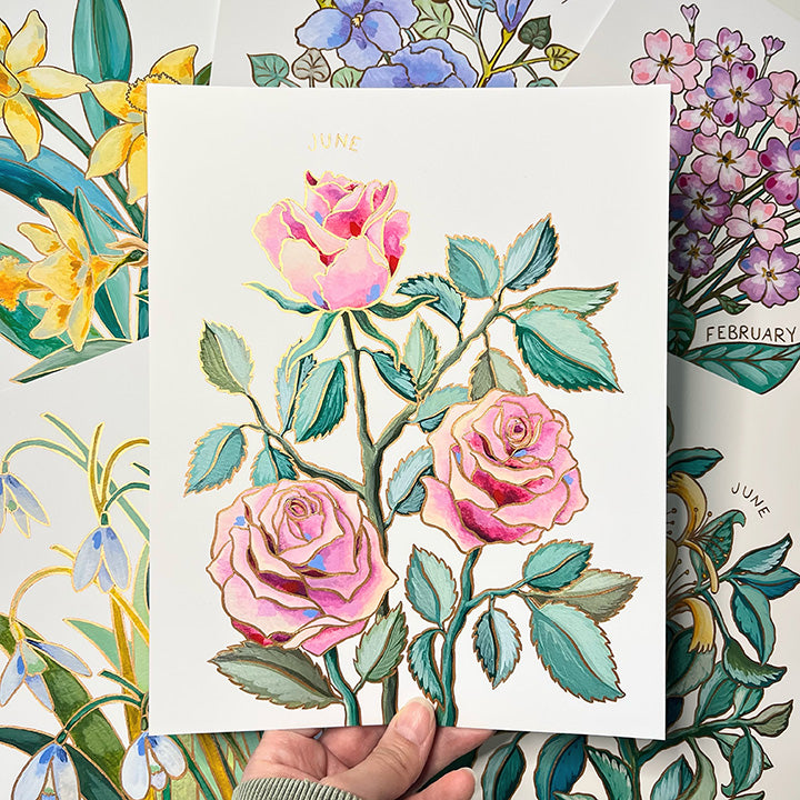 Birth Flower Hand-Embellished Print | June Roses