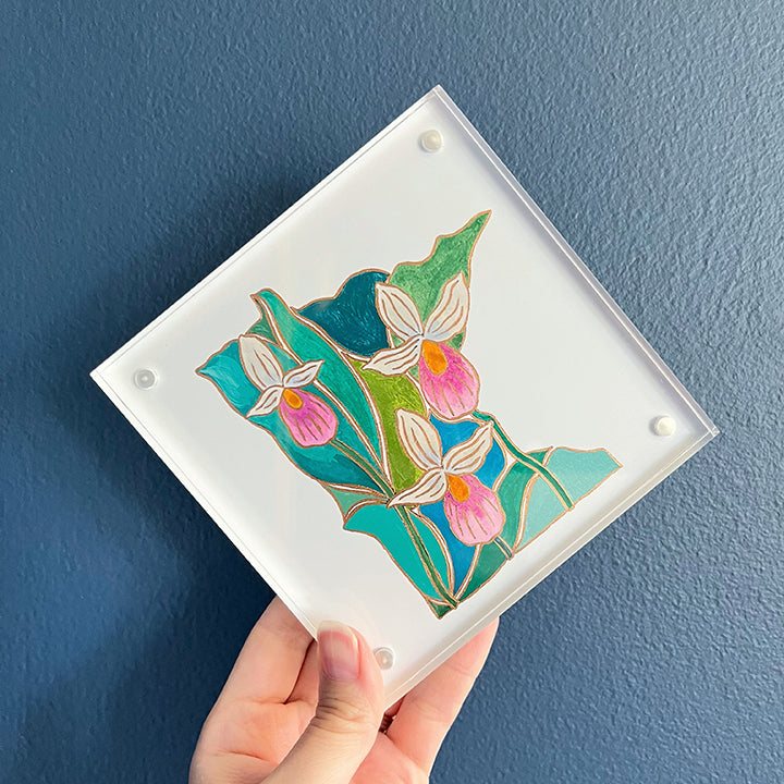 Minnesota acrylic block framed print | “Lady Slipper Flowers”