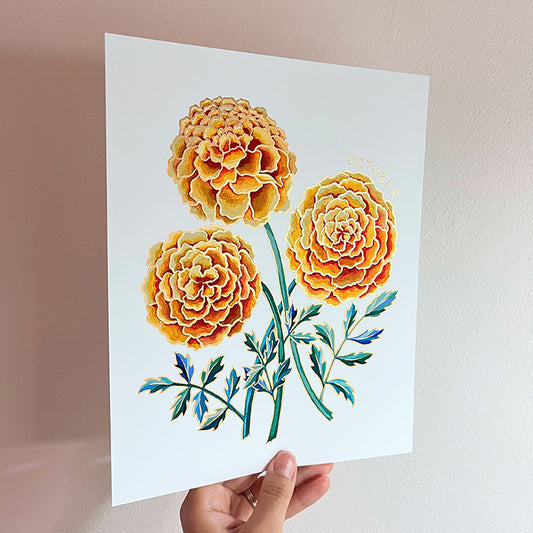 Birth Flower Hand-Embellished Print | October Marigold