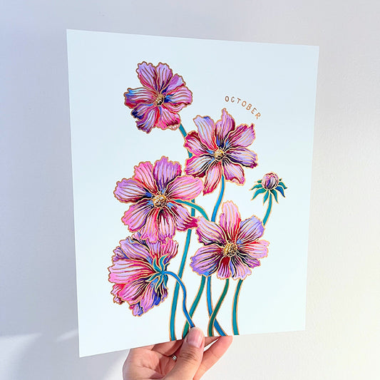 Birth Flower Hand-Embellished Print | October Cosmos
