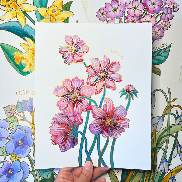 Birth Flower Hand-Embellished Print | October Cosmos