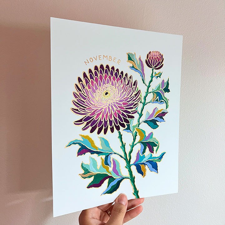 Birth Flower Hand-Embellished Print | November Chrysanthemum