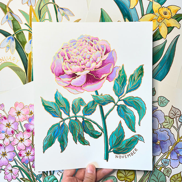 Birth Flower Hand-Embellished Print | November Peony
