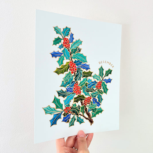 Birth Flower Hand-Embellished Print | December Holly