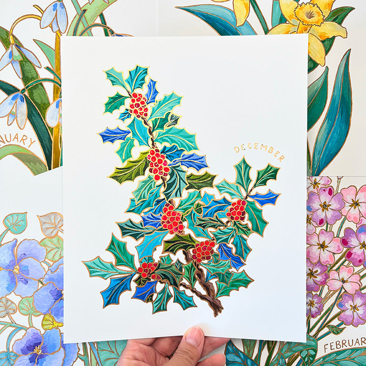 Birth Flower Hand-Embellished Print | December Holly