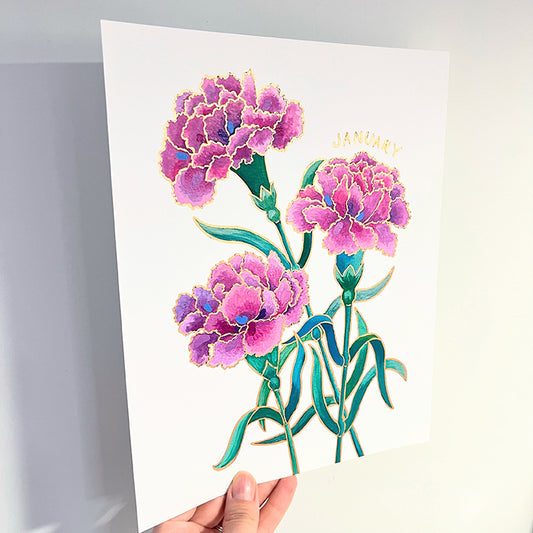 1 - Birth Flower Hand-Embellished Print | January Carnations