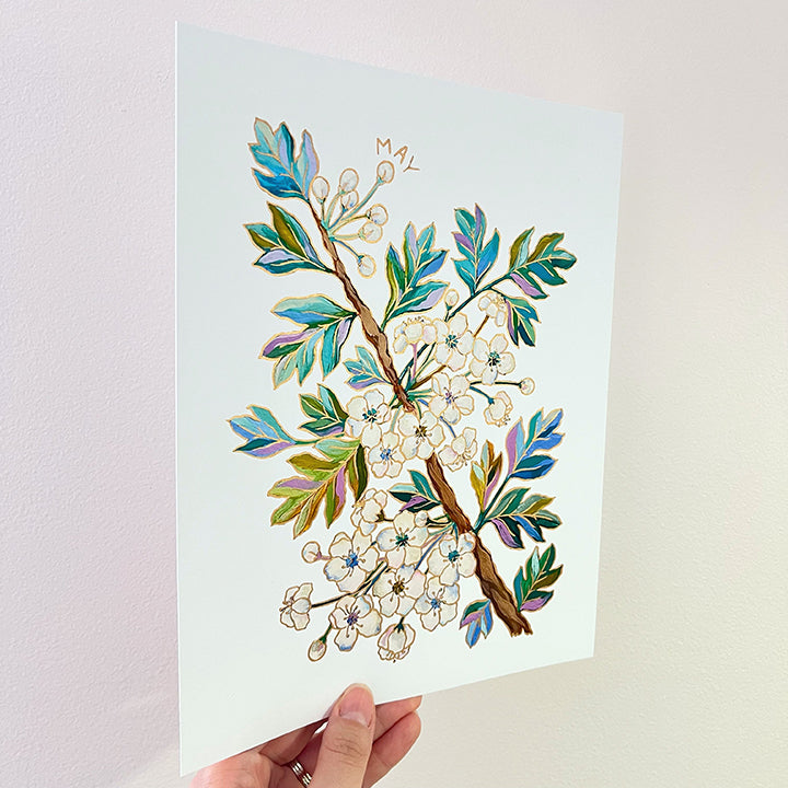 Birth Flower Hand-Embellished Print | May Hawthorns