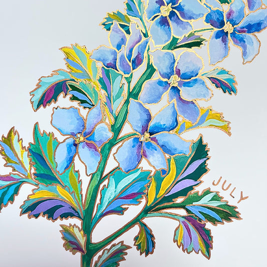 Birth Flower Hand-Embellished Print | July Larkspur