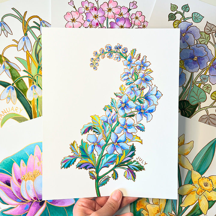 Birth Flower Hand-Embellished Print | July Larkspur