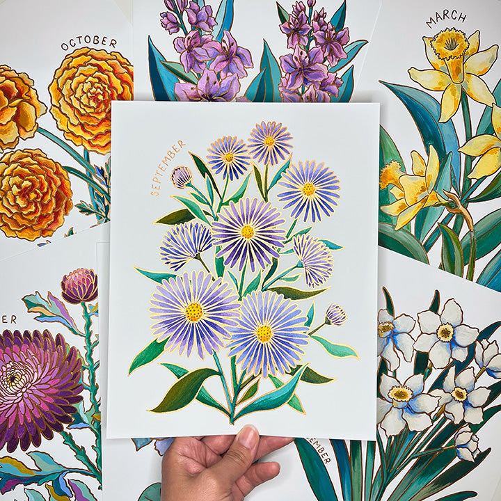 Birth Flower Hand-Embellished Print | September Aster
