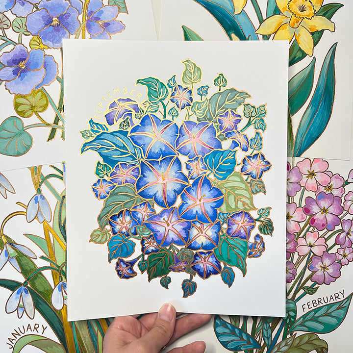Birth Flower Hand-Embellished Print | September Morning Glory