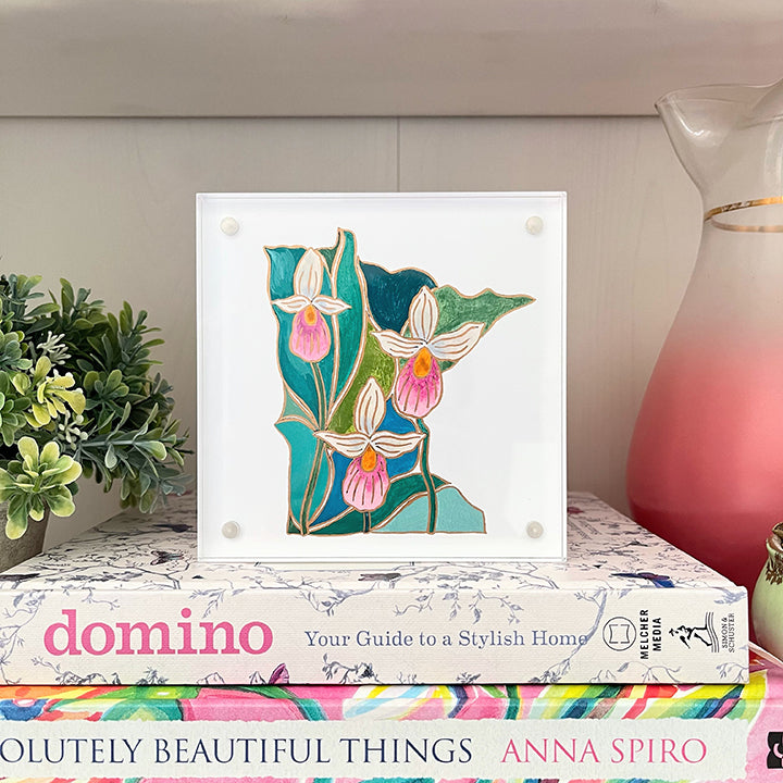 Minnesota acrylic block framed print | “Lady Slipper Flowers”