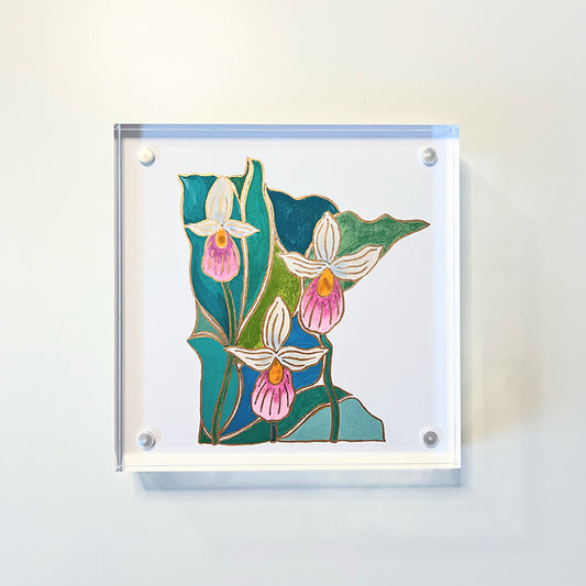 Minnesota acrylic block framed print | “Lady Slipper Flowers”