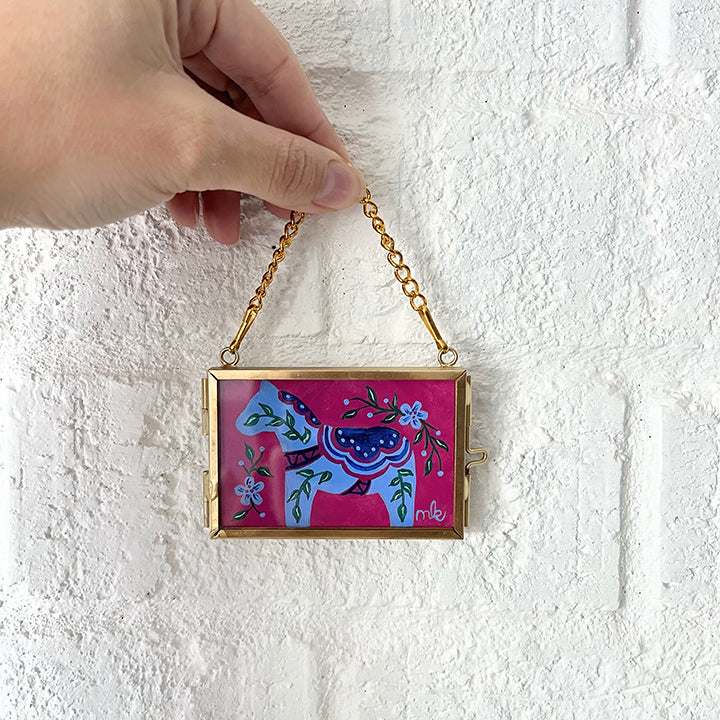 Pink & Blue Hand-Painted Dala Horse Ornament